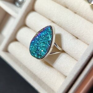 Druzy Teal Blue Ring .925 Sterling Silver Size 0